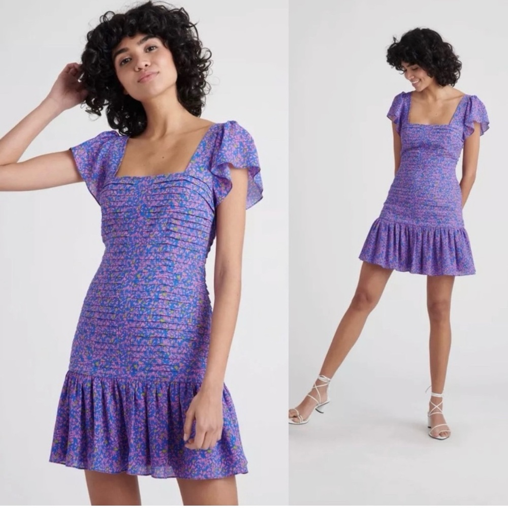 Tanya Taylor Yvette floral confetti cerulean print ruffle hem silk dress, size 6